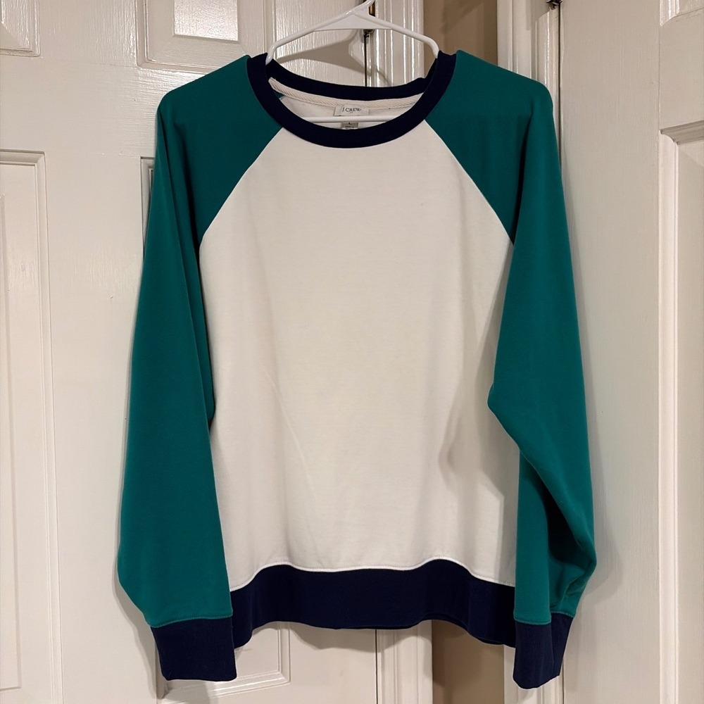 J. Crew Womens Colorblock Raglan Sweatshirt Teal White Navy French Terry Large